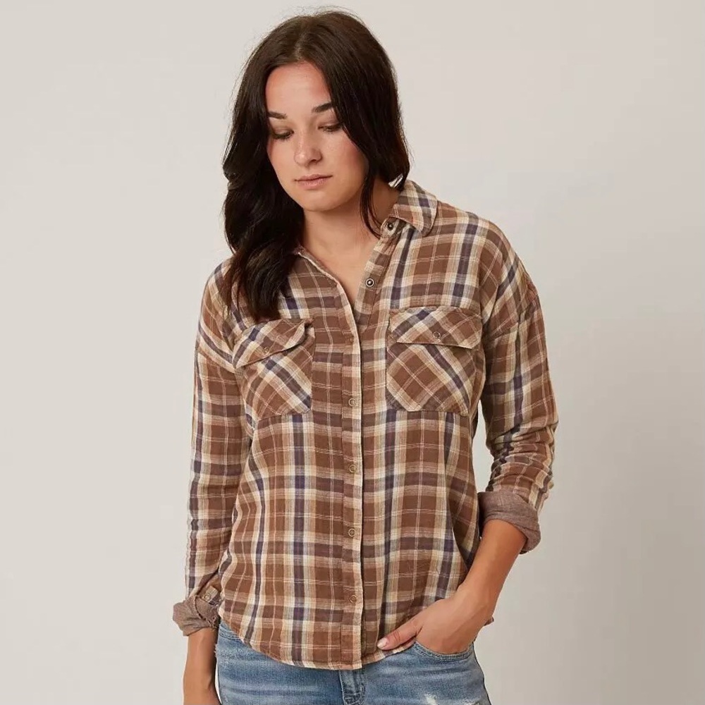 BUCKLE GILDED INTENT Tan Button Down Plaid Shirt
